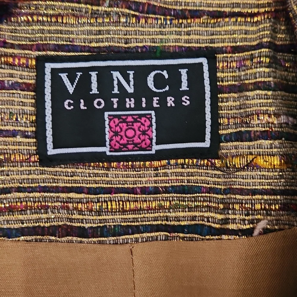 Vintage Gold Striped Vinci 100% Silk Blazer Jacket 12 metallic shiny sport coat - Picture 3 of 5